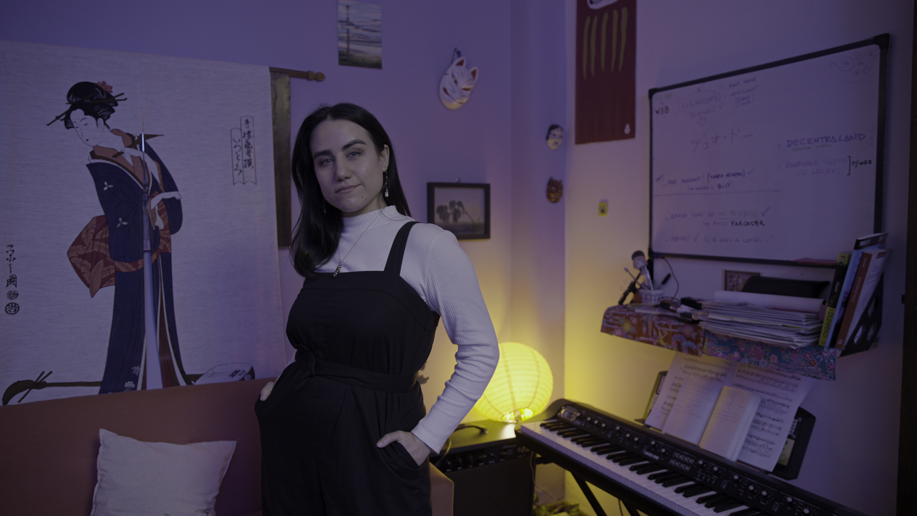 Clementine at her piano and keyboard setup